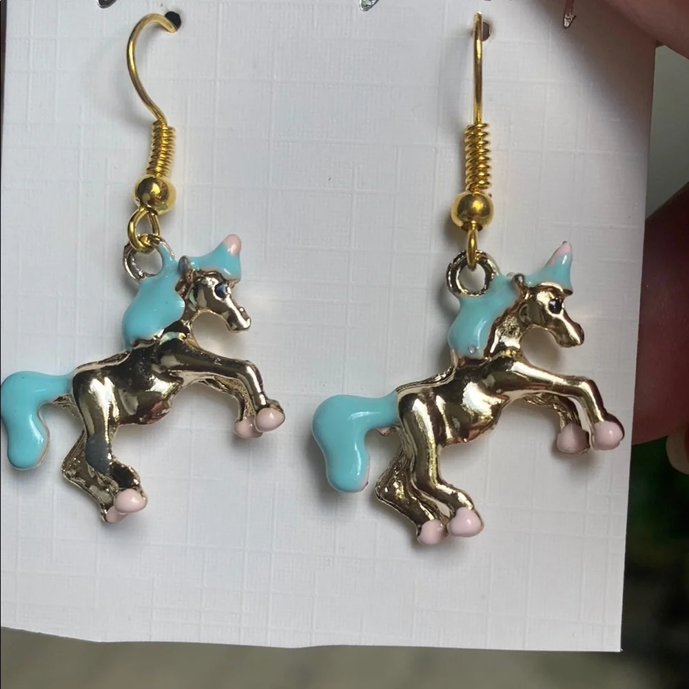 Gold and Blue Unicorn Earrings for Kids